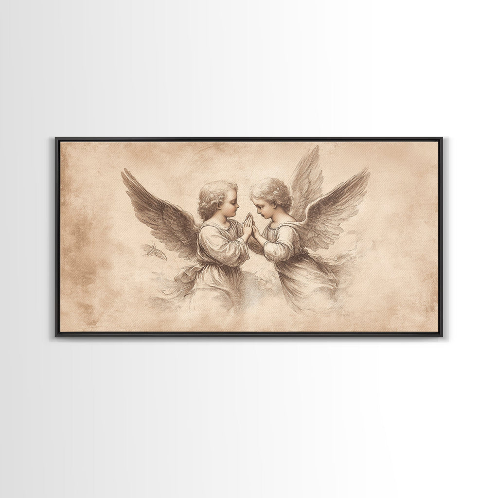 Angel wall art canvas print with two cherubs and wings, beige sketch, dark frame