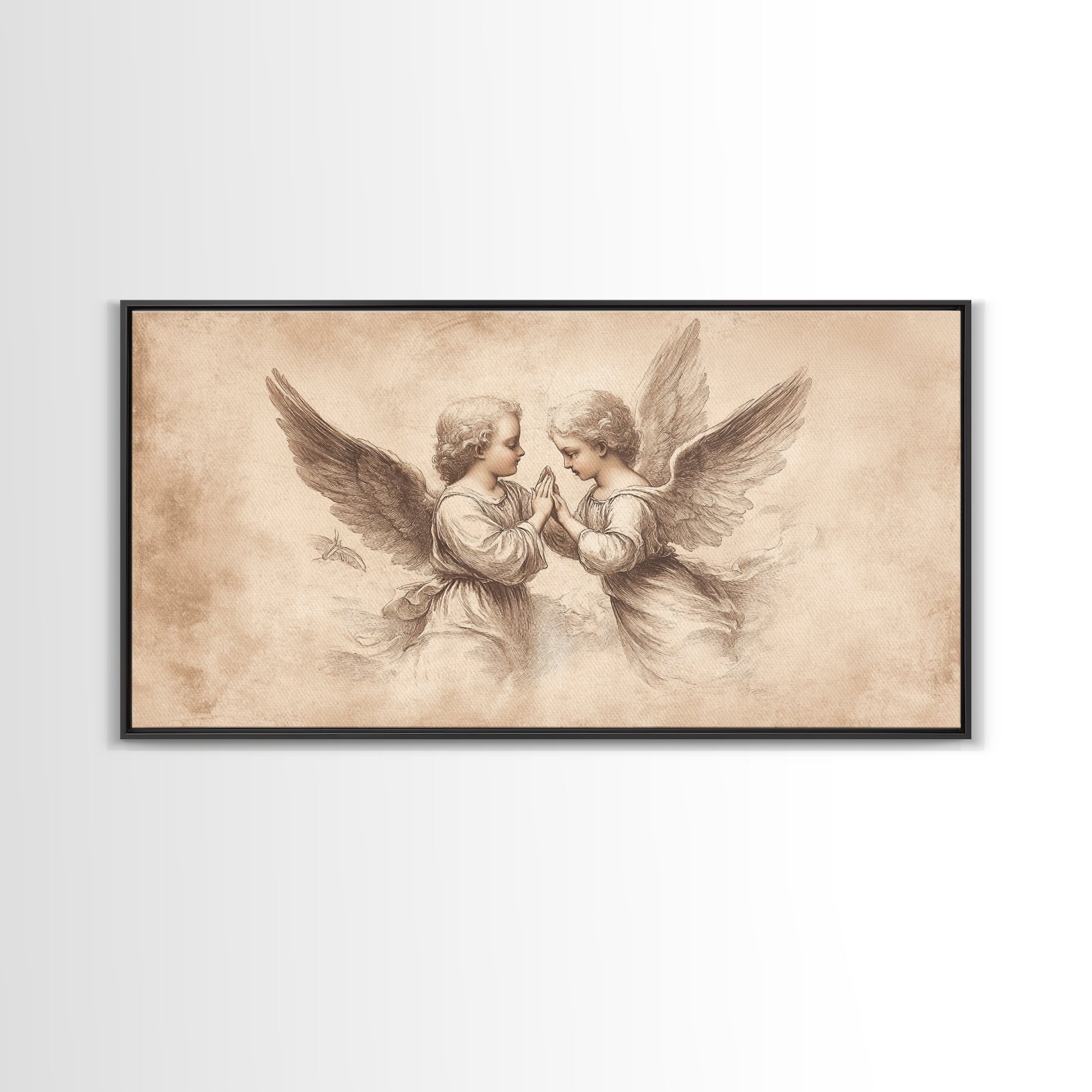 Angel wall art canvas print with two cherubs and wings, beige sketch, dark frame
