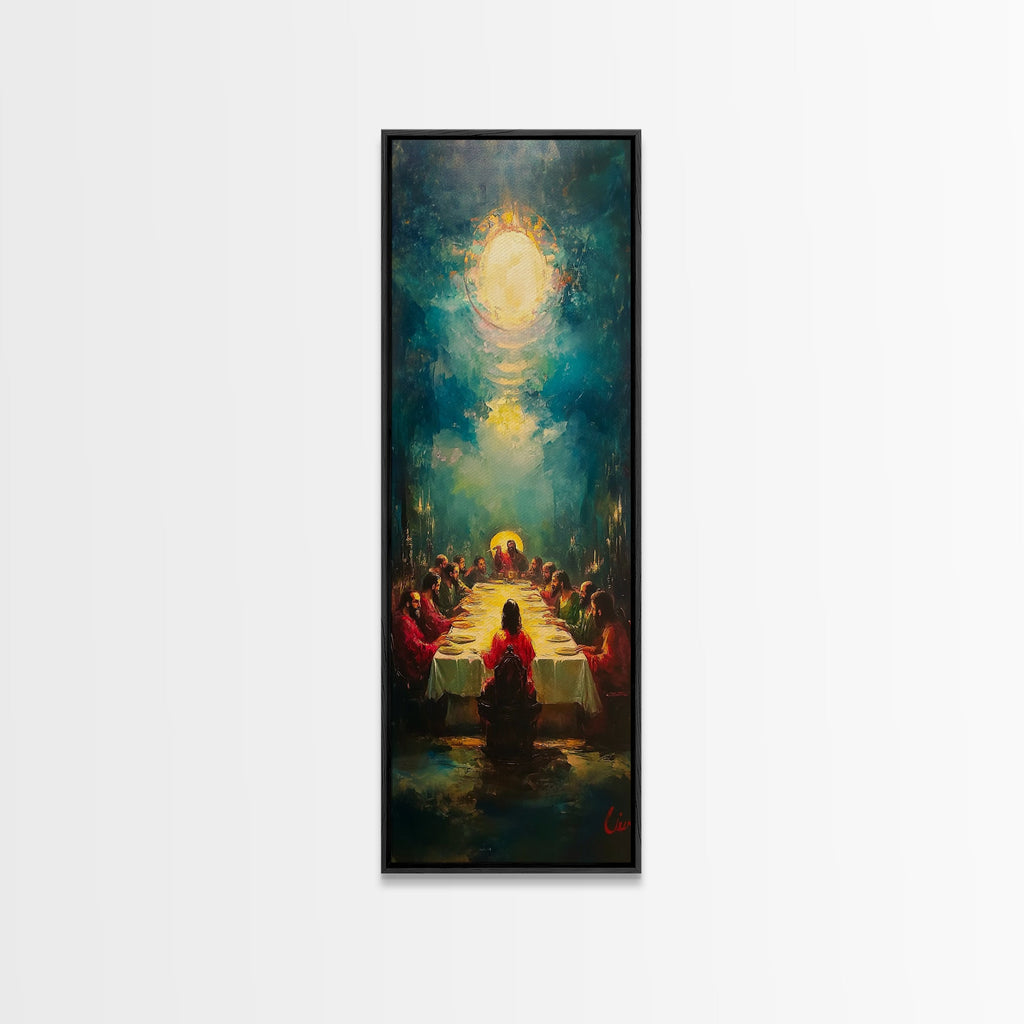 Last Supper wall art canvas in black frame, Christ halo over apostles scene