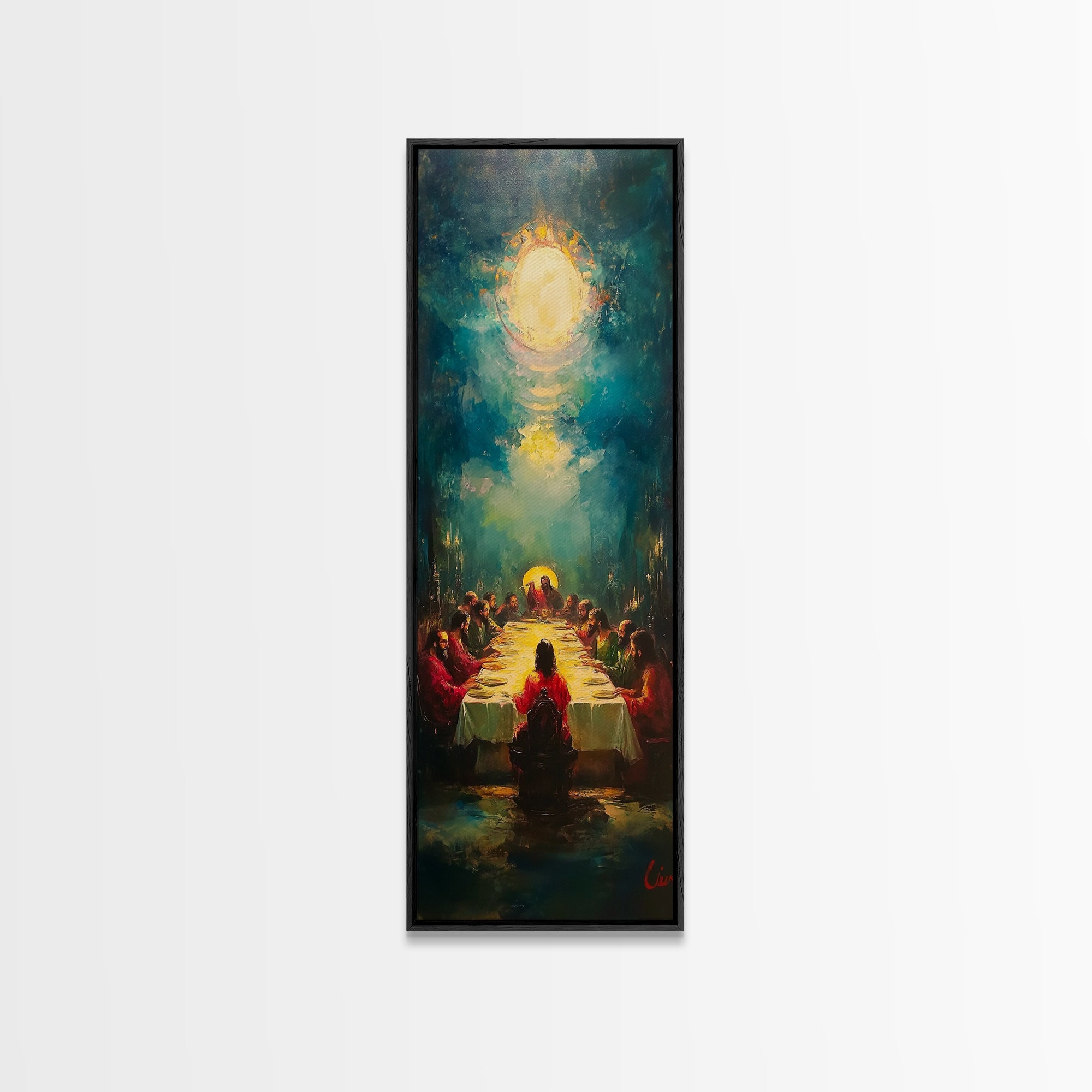 Last Supper wall art canvas in black frame, Christ halo over apostles scene
