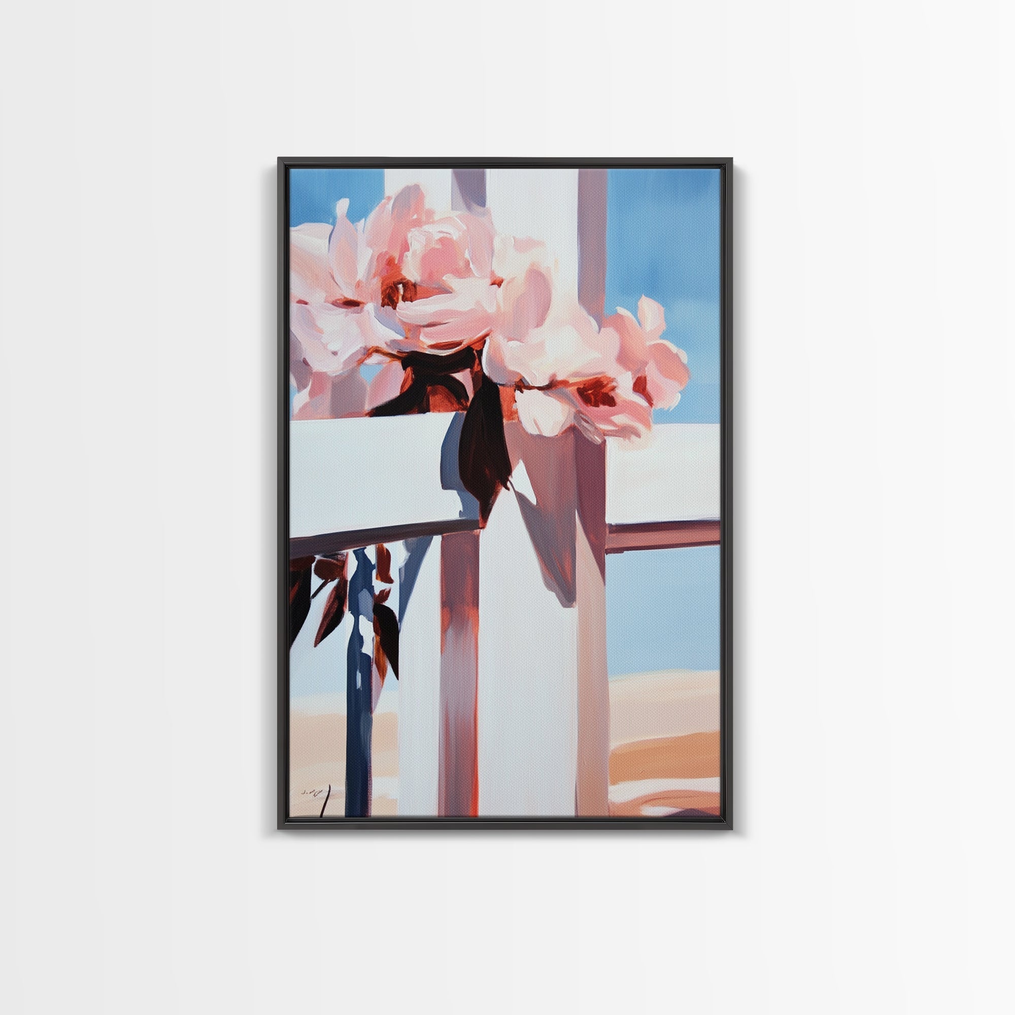 Floral peony cross canvas print with black frame, soft pink peonies and blue window