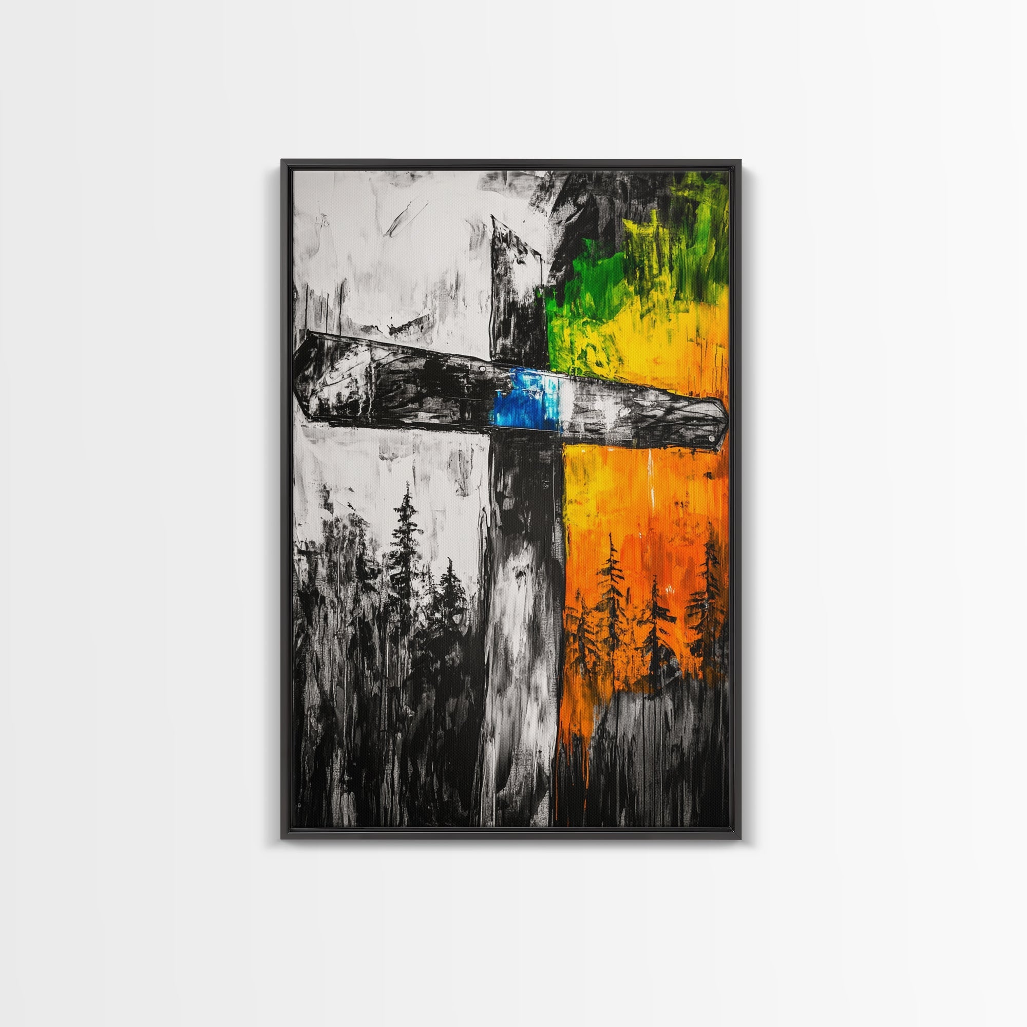 Framed wooden cross wall art canvas featuring a cross with orange, green and blue highlights