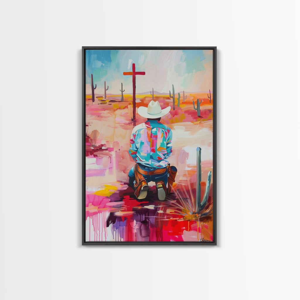 Framed canvas print of an abstract kneeling cowboy in a colorful Southwestern desert scene, dark frame