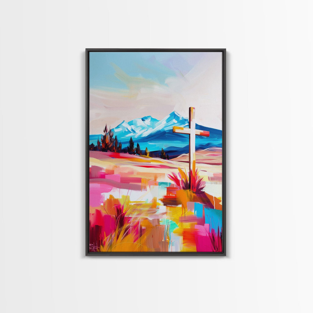 Framed canvas wall art with dark cross against vibrant mountain desert scene