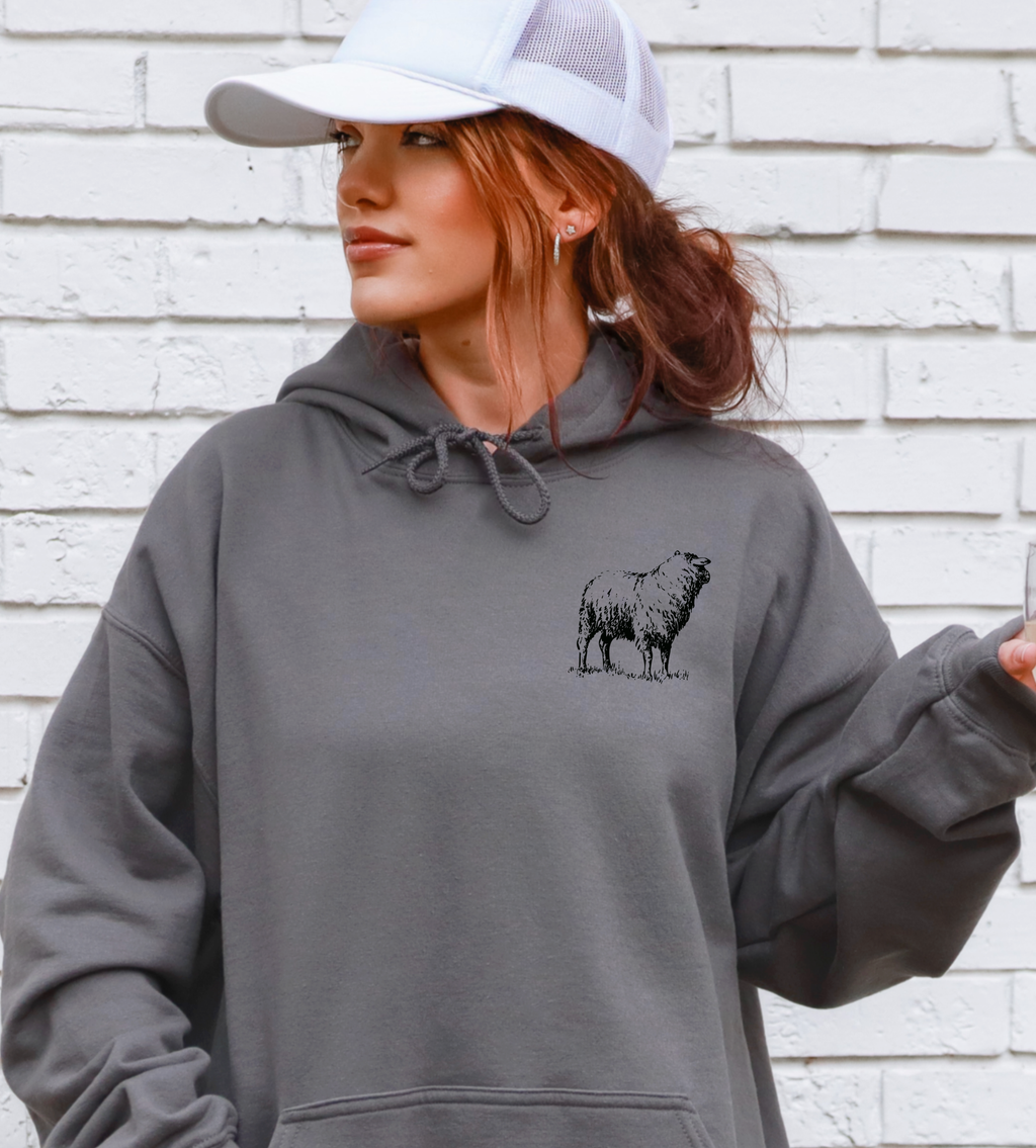 Dark gray pullover hoodie with small chest sheep graphic and adjustable drawstring hood