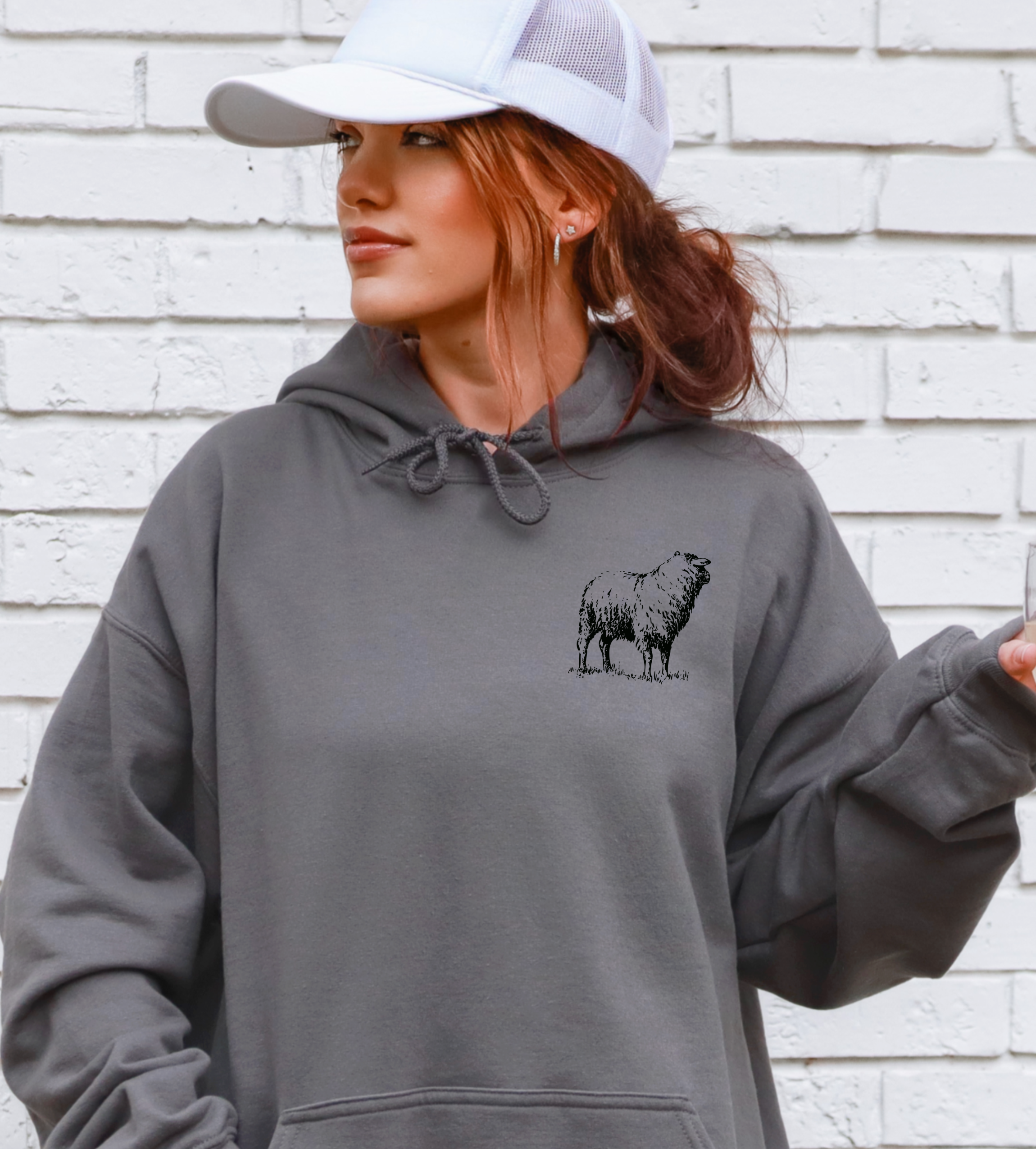 Dark gray pullover hoodie with small chest sheep graphic and adjustable drawstring hood