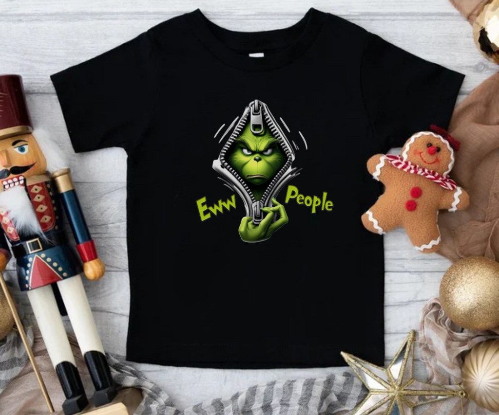 Kids black graphic T-shirt with green character and “Ewww People” text