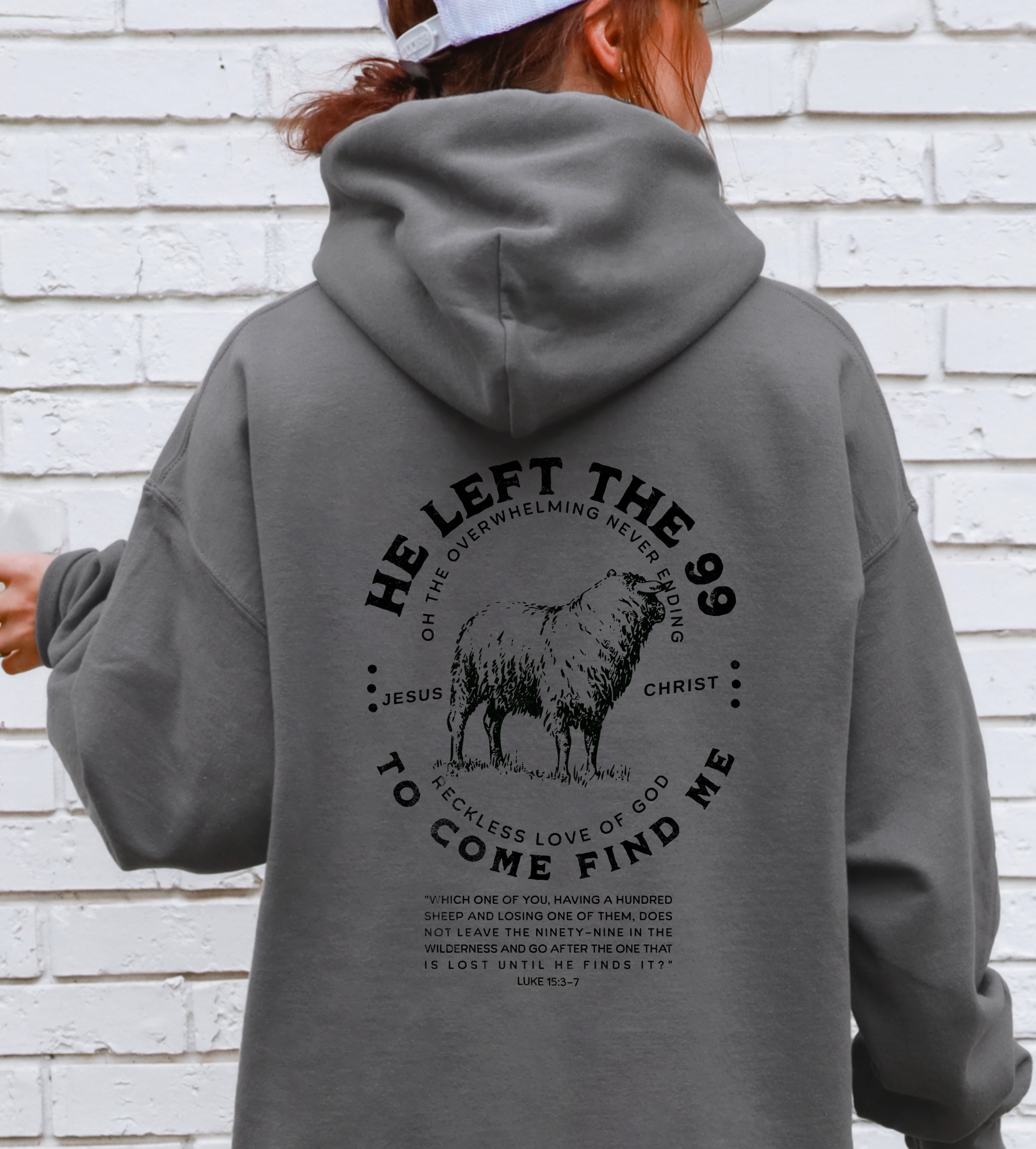 Dark gray hoodie with large back sheep and text graphic, pullover hood