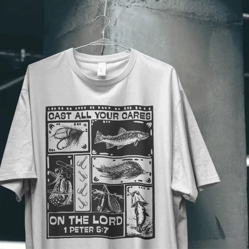 White crew-neck T-shirt with black fishing graphic on front