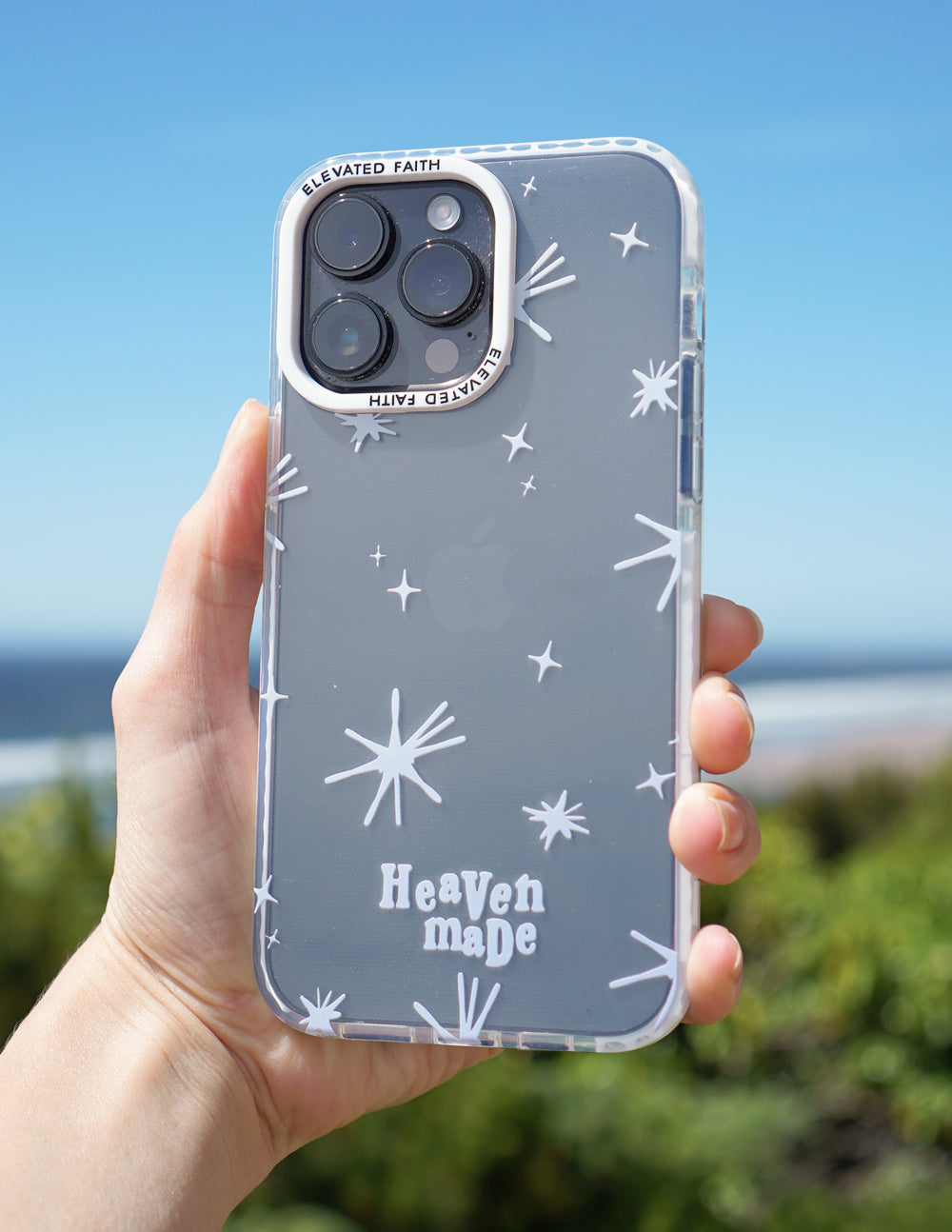 Heaven Made phone case, dark blue with stars pattern and camera cutouts