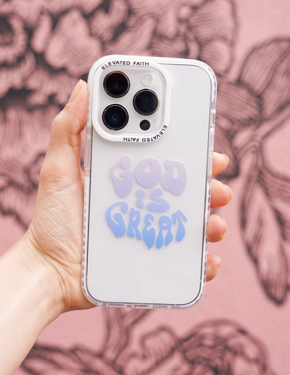 White phone case with blue 'God is Great' print and raised camera openings