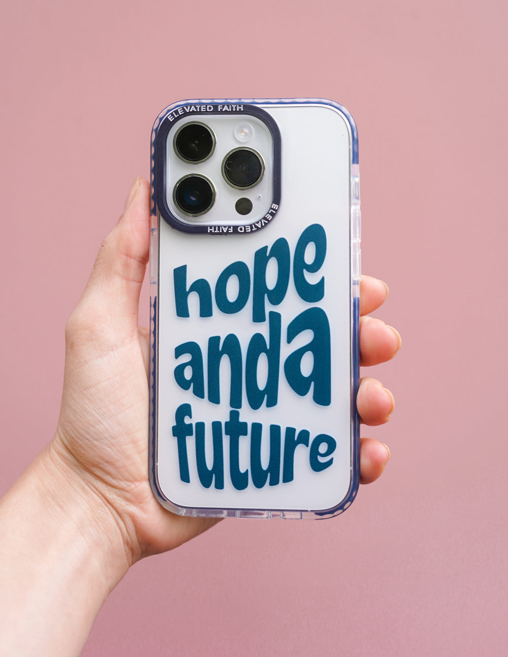 Clear phone case with blue hope and a future lettering and camera cutouts