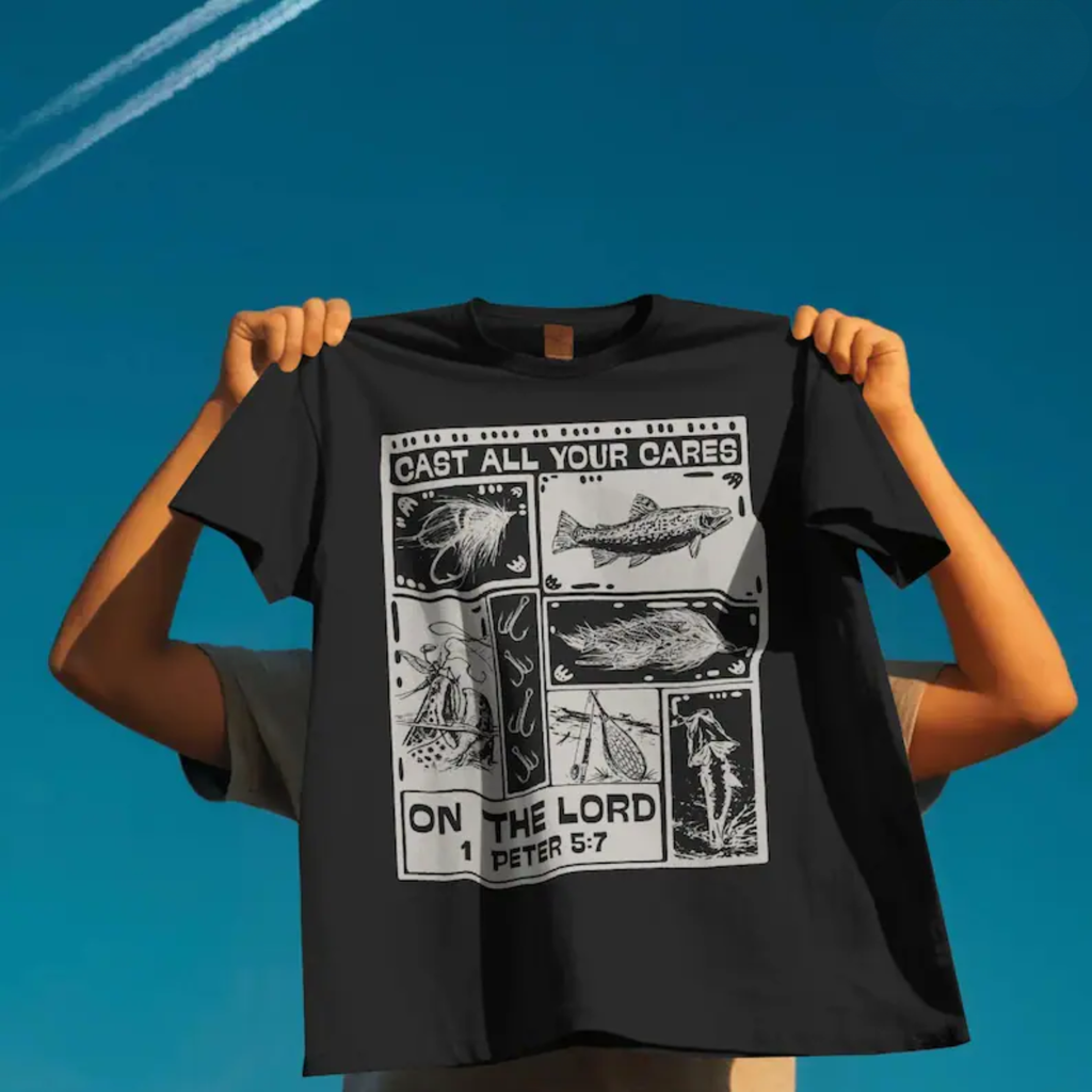 Black crew-neck T-shirt with white fishing collage graphic