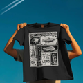 Black crew-neck T-shirt with white fishing collage graphic