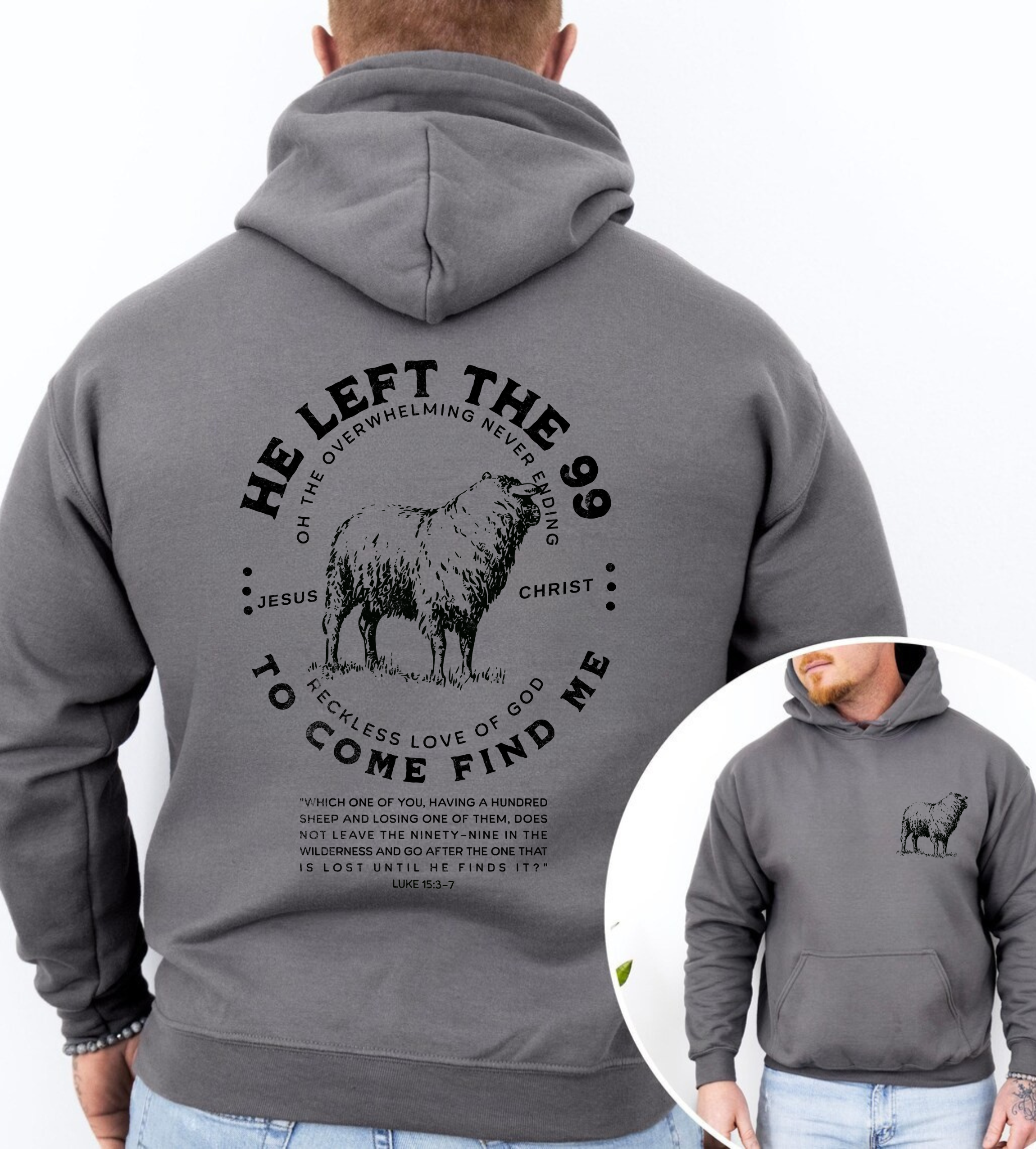 Dark gray hoodie with large back sheep and text graphic, pullover hood and kangaroo pocket