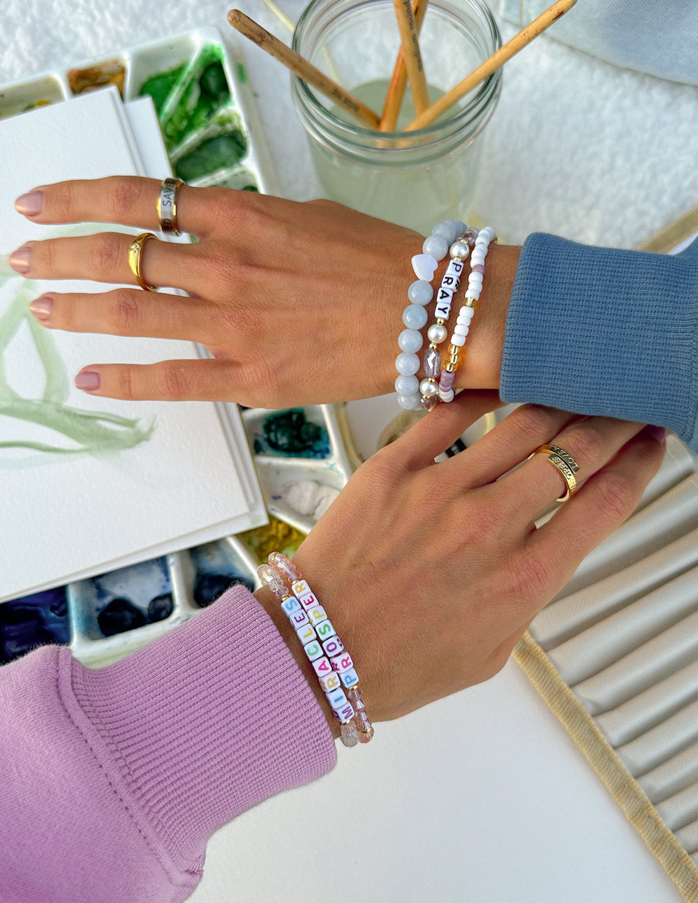 Beaded letter bracelets set, white pearls with PRAY and multicolor bead strips