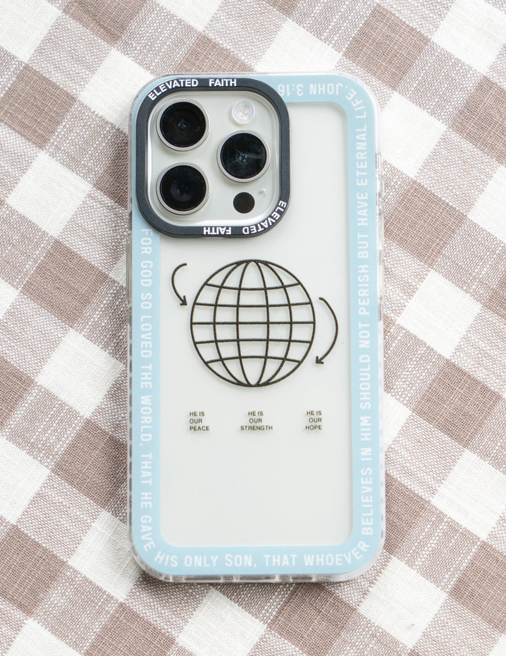 Light blue phone case with black globe graphic and vertical faith quote on side