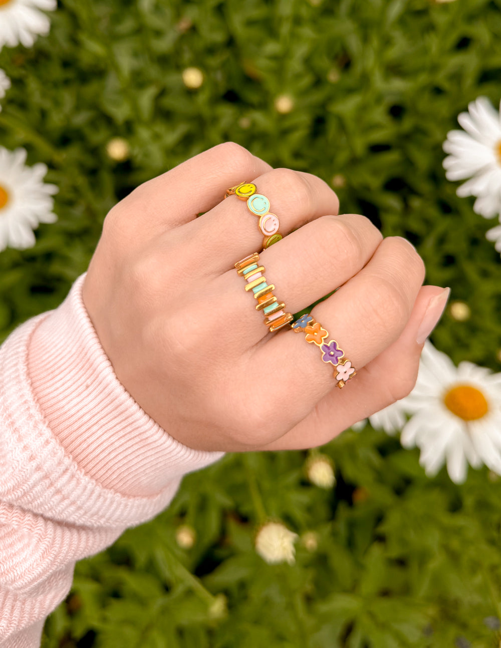 Gold-tone enamel flower band ring with multicolor flower charms