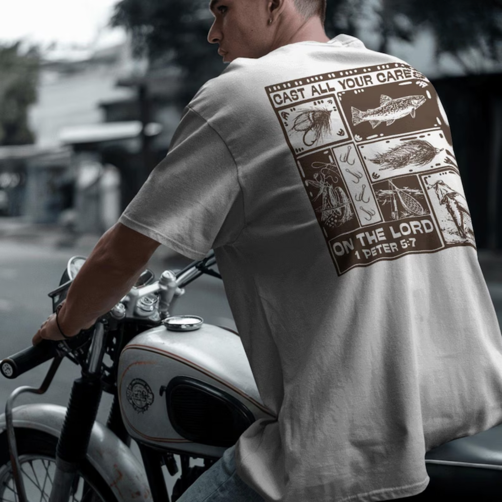 Light gray T-shirt with brown fishing graphic on back, crew neck