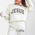 Cream two-piece sweatsuit set with Jesus graphic on sweatshirt and joggers