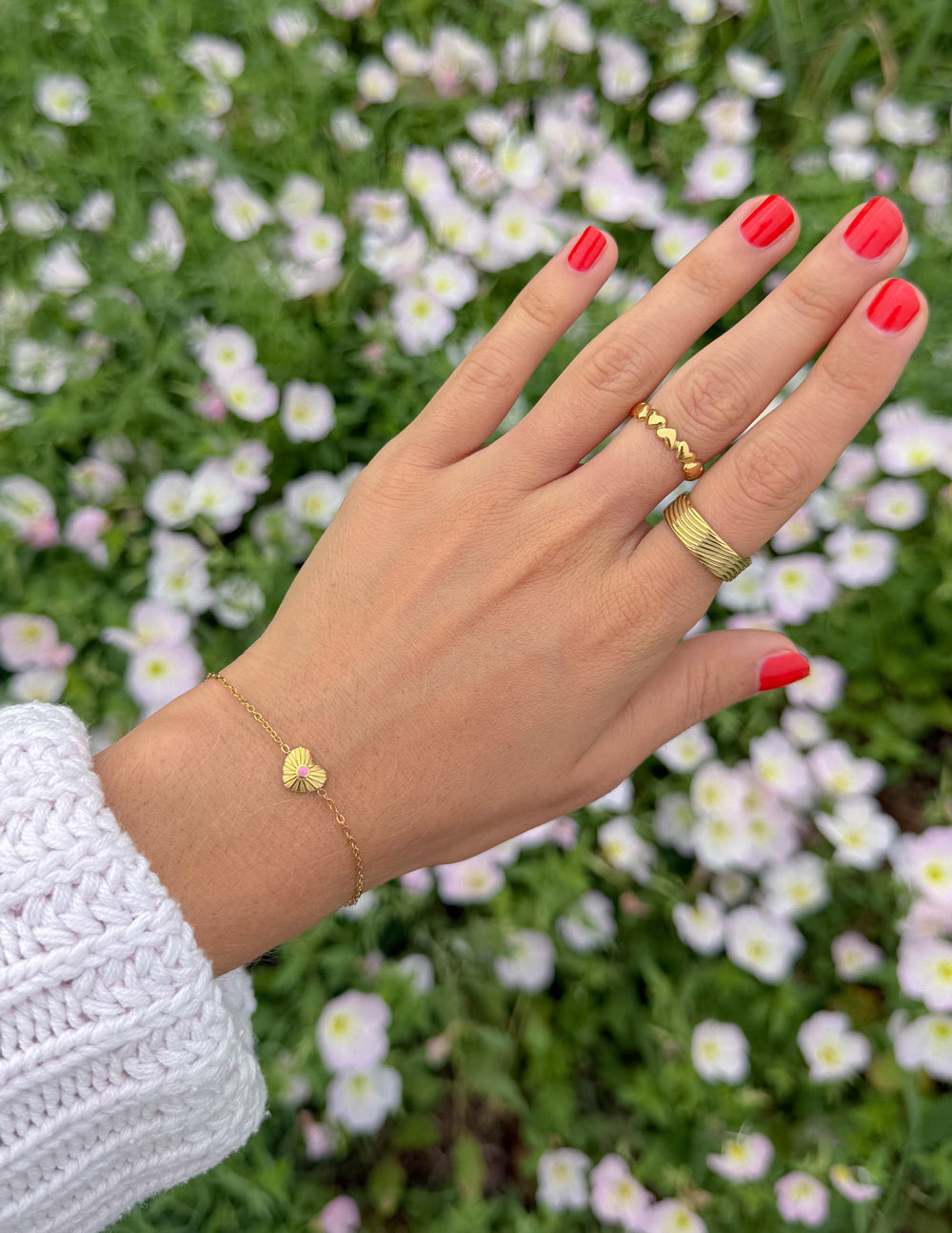 Gold tone ridged band ring on finger with stacked groove detailing