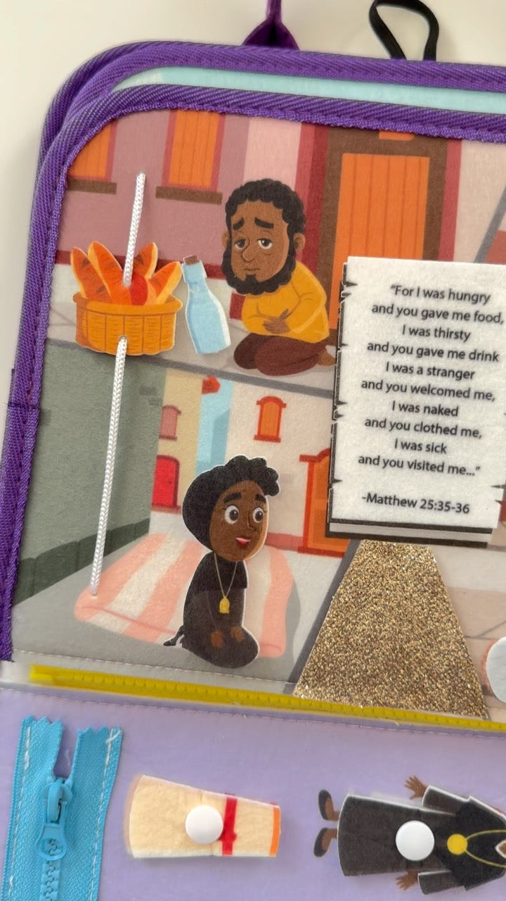 Busy book page with farm scene felt figures and a pocket with a text story strip