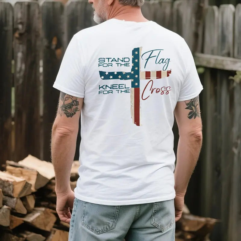 White two-sided T-shirt back graphic with flag cross and 'Kneel' text