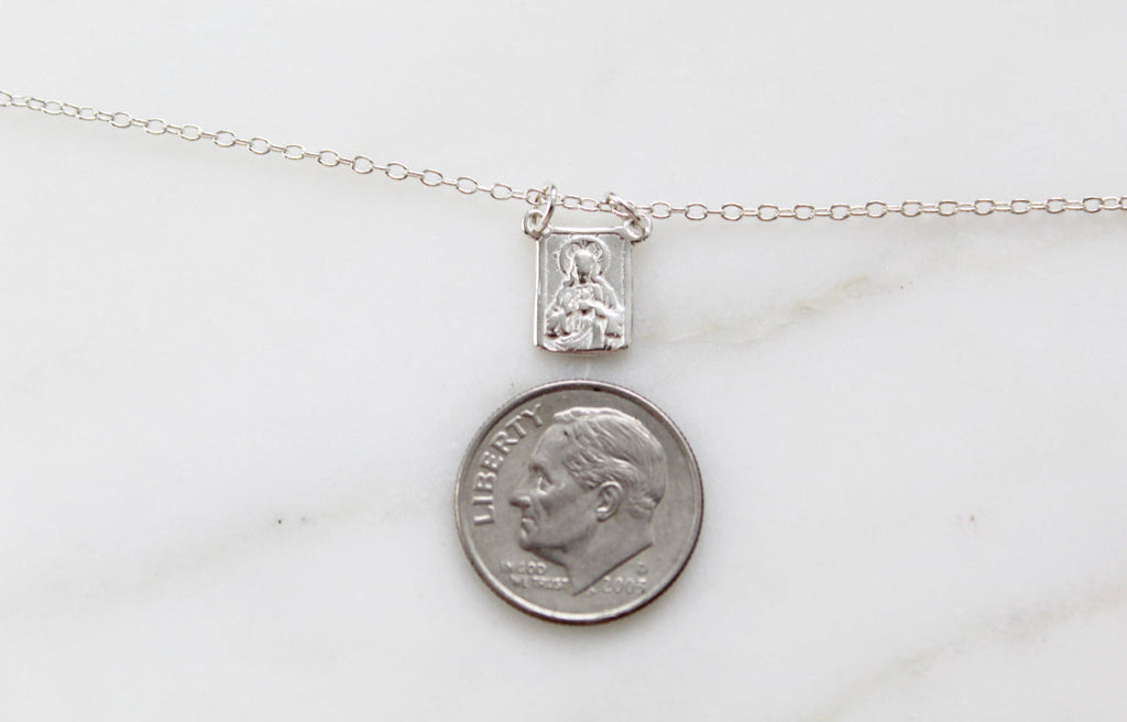 Sterling silver scapular necklace with engraved rectangular pendant on fine chain