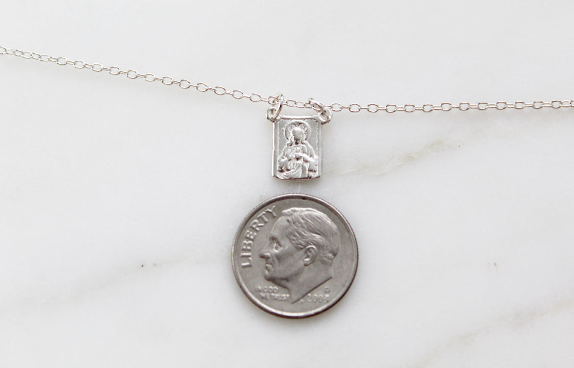 Sterling silver scapular necklace with engraved rectangular pendant on fine chain