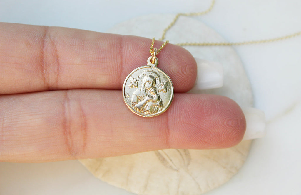 14k gold pendant necklace with round Our Lady medallion and top bail