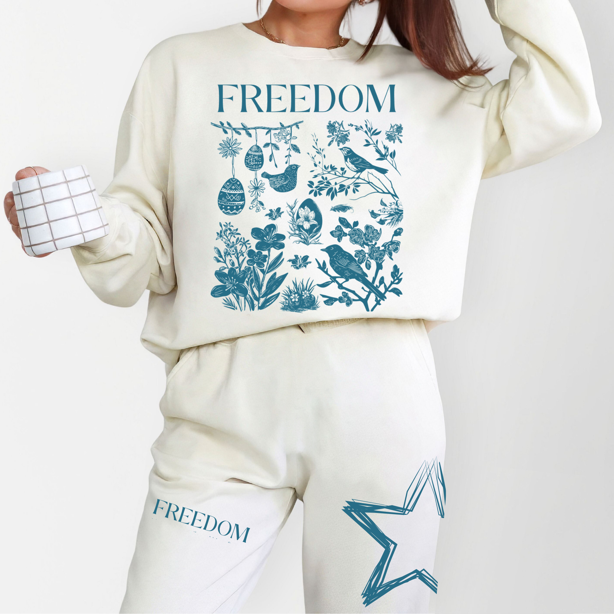 Cream full sweatsuit set with sweatshirt and sweatpants, teal Freedom floral print