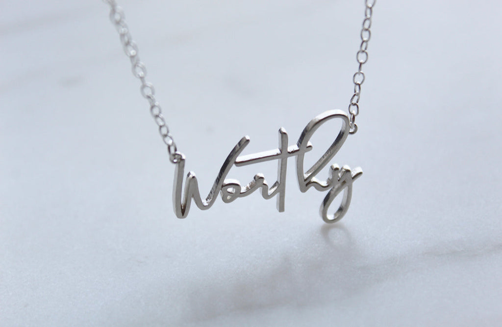 Sterling silver Worthy pendant necklace with polished script pendant