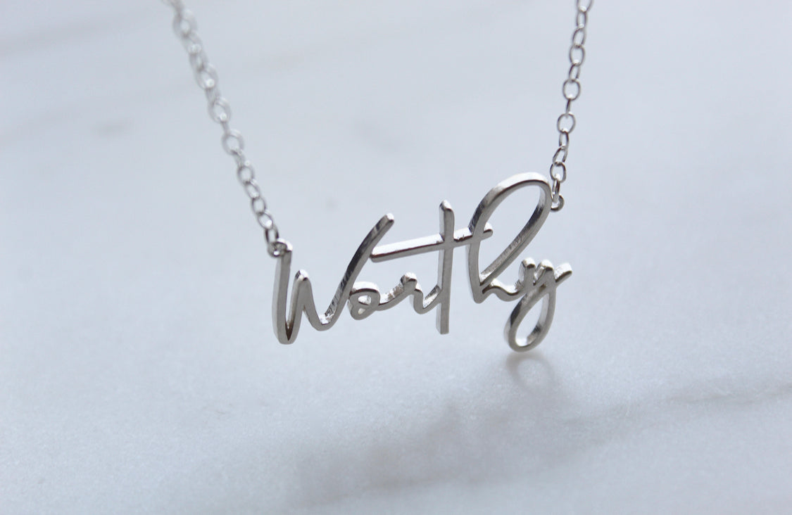 Sterling silver Worthy pendant necklace with polished script pendant