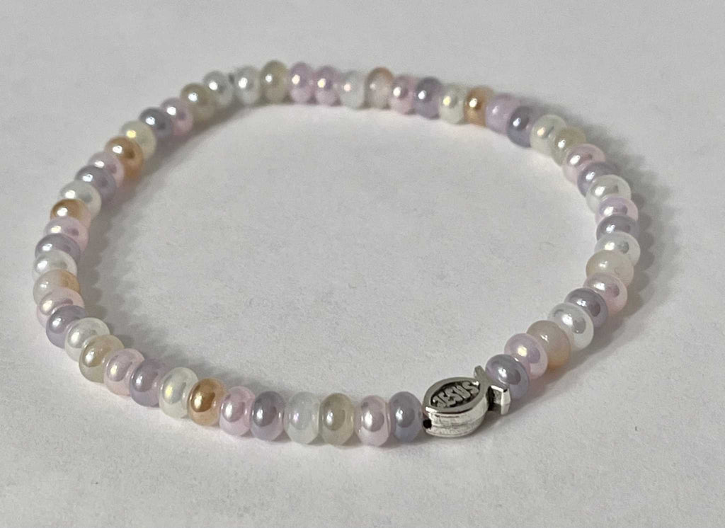 Freshwater pearl bead bracelet with multicolor beads and round “JESUS” charm