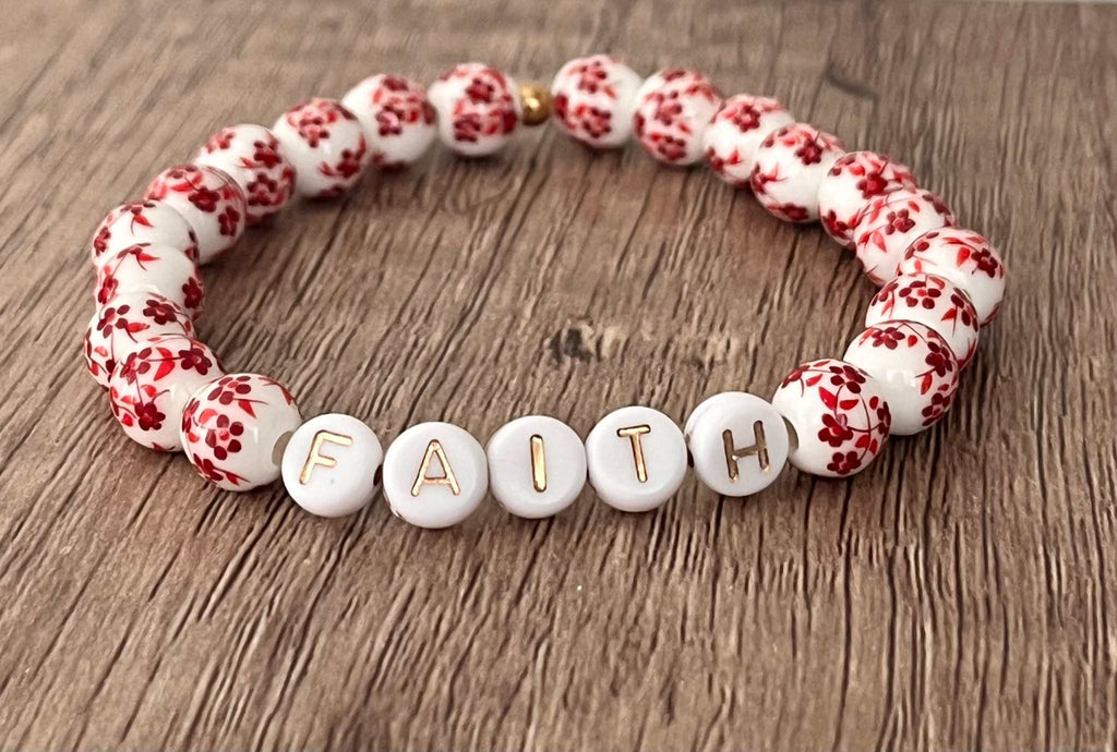 Floral bead bracelet with ceramic letter beads spelling FAITH