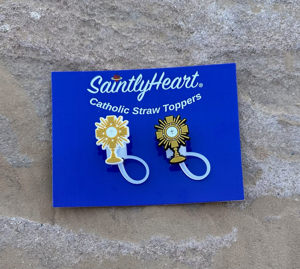 SaintlyHeart Catholic straw toppers box showing two gold Adoration designs