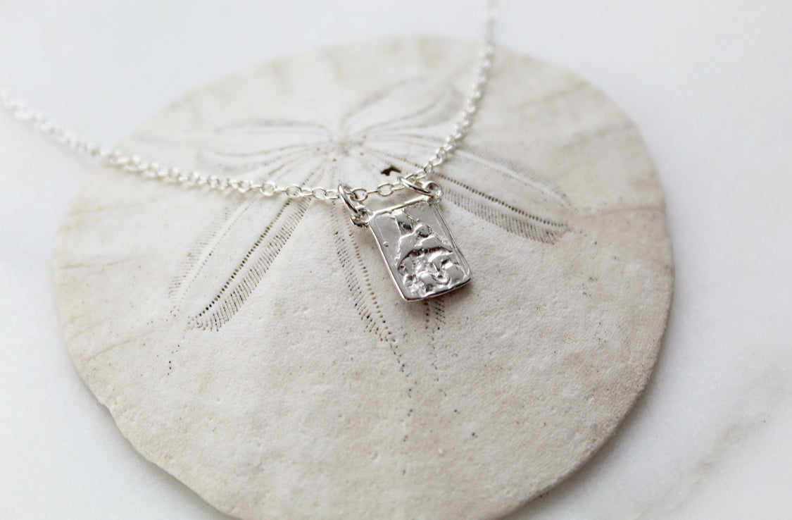 Sterling silver scapular necklace with engraved rectangular pendant and fine chain