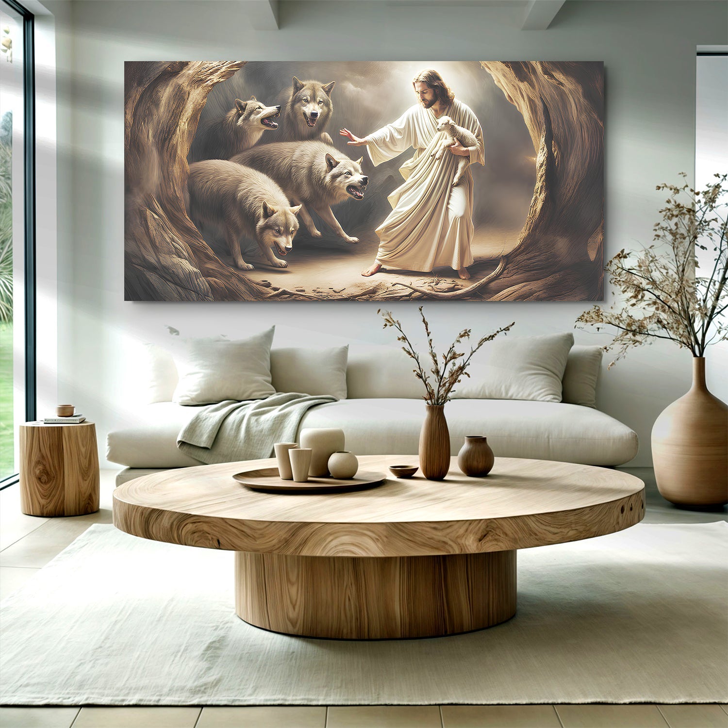 Large landscape wall art canvas of Jesus in white robe and lambs
