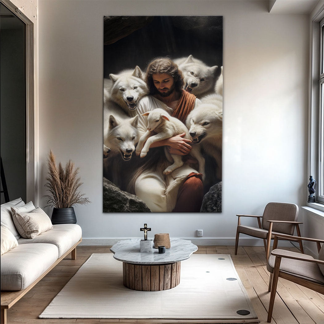 Vertical canvas wall art showing Jesus holding a lamb surrounded by wolves in a home