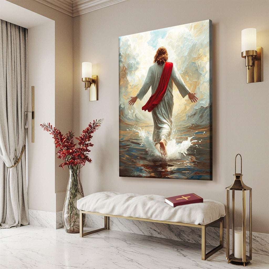 Canvas wall art featuring Jesus walking on water, red robe over white tunic, splashes