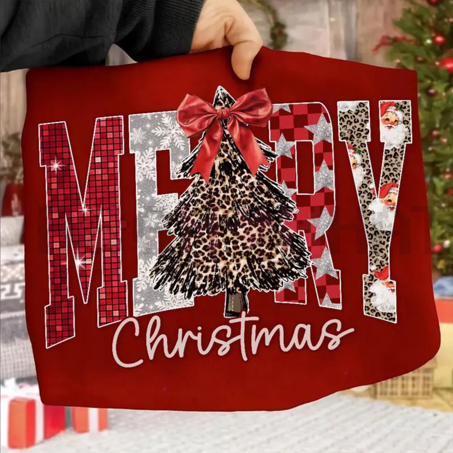 Red Merry Christmas sweatshirt with bow and leopard tree graphic, long sleeves
