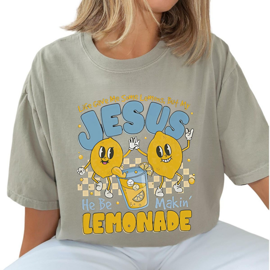 Gray green T-shirt with Jesus lemon graphic, short sleeves, crew neck