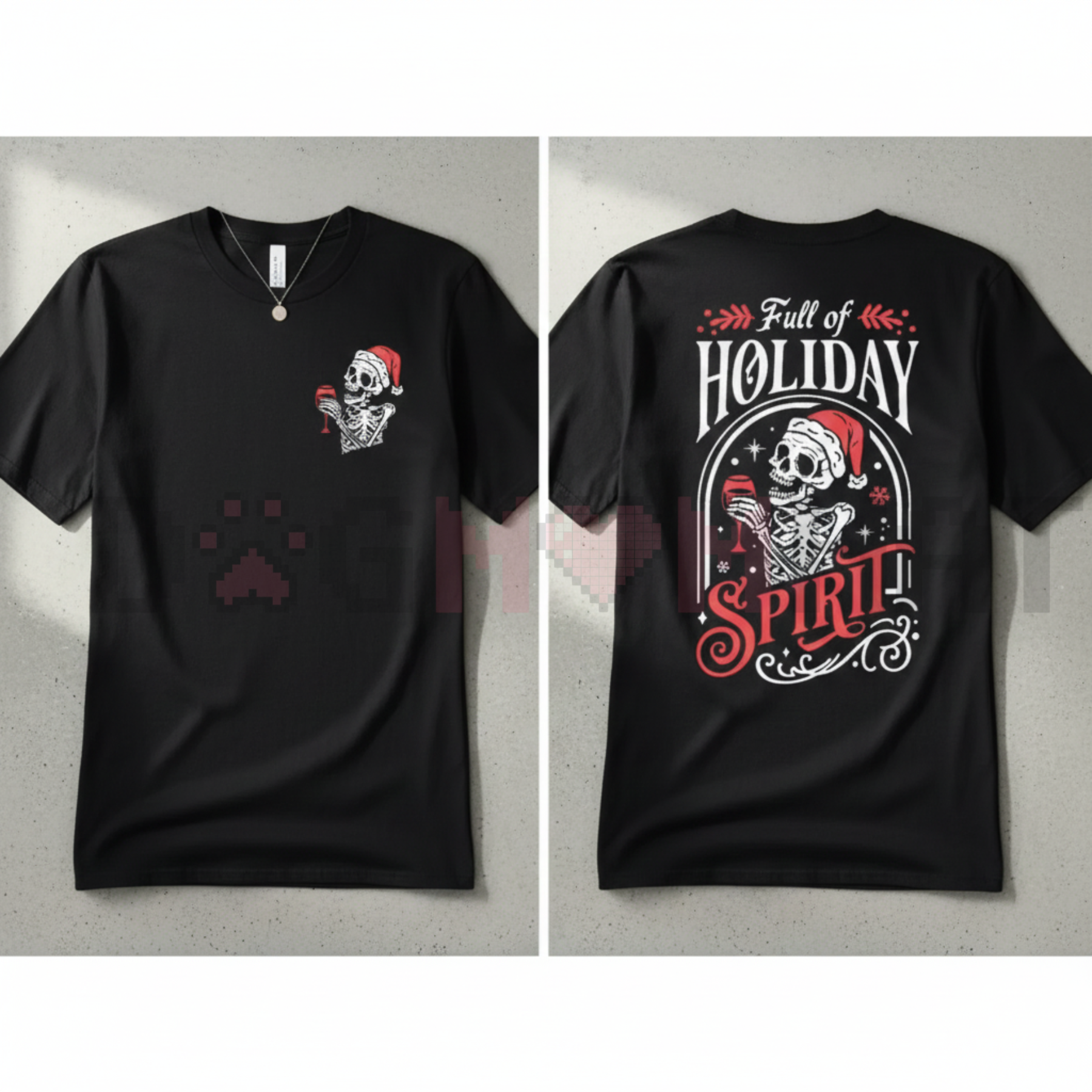 Black Christmas skeleton t-shirt with front skeleton graphic and back 'Holiday Spirit' artwork