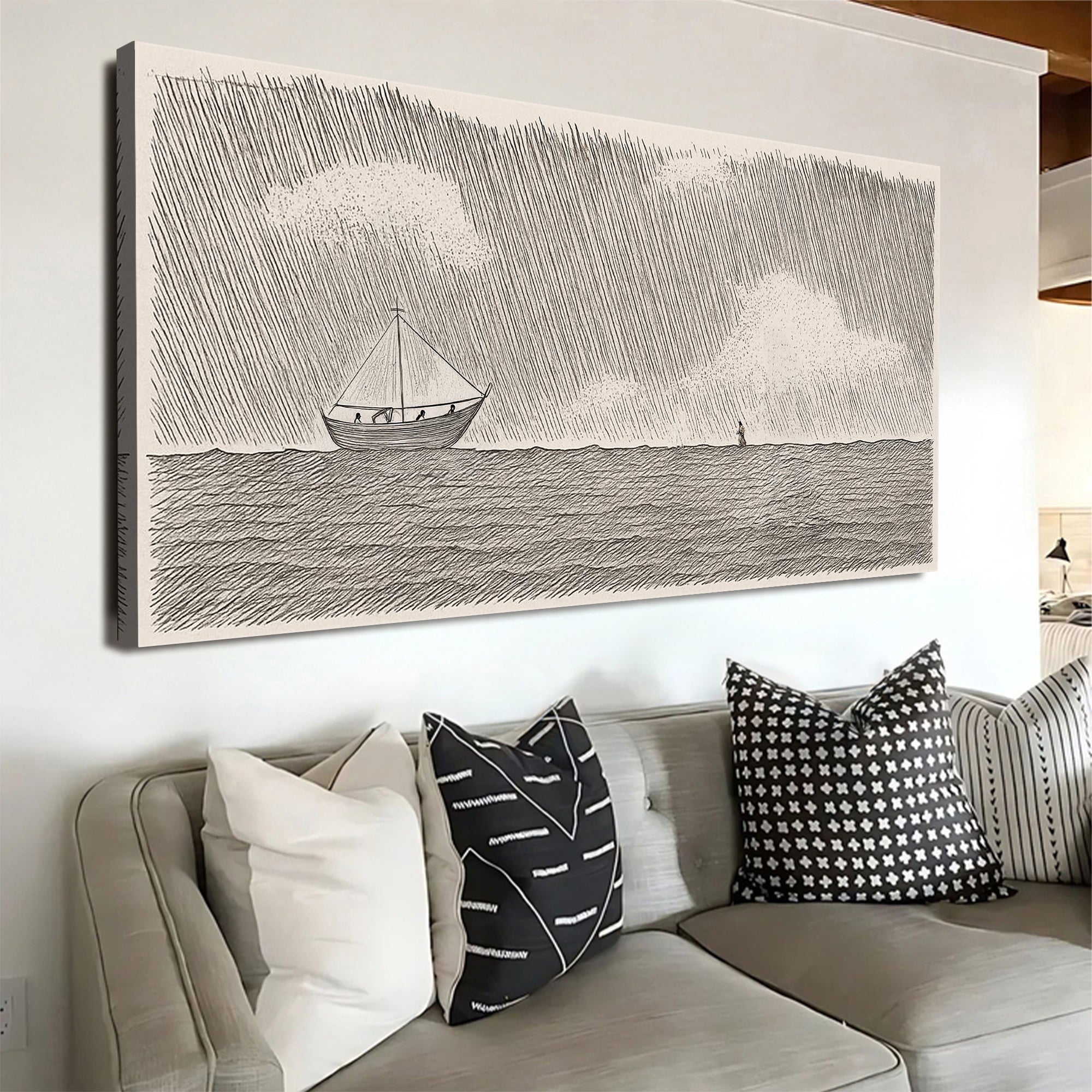 Jesus walking on water faith wall art canvas print with sailboat on rippled water