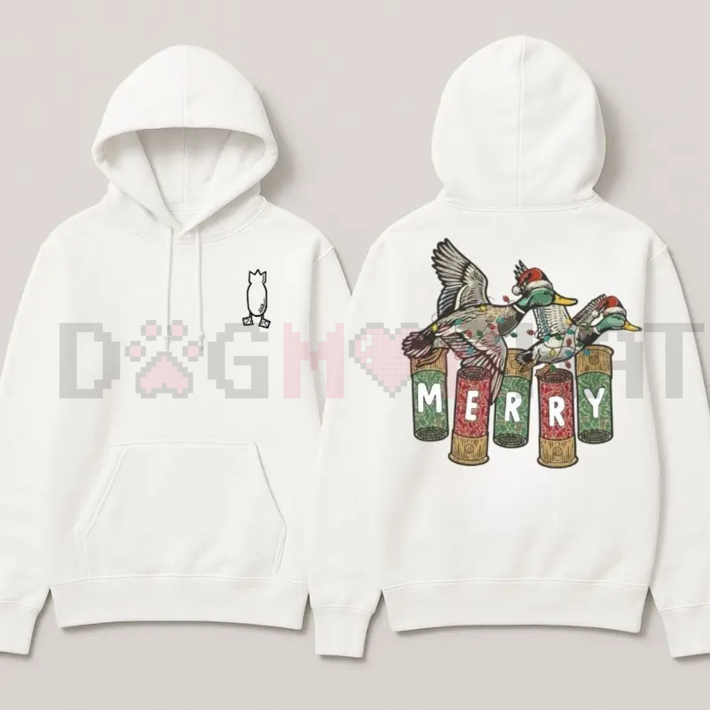 White hoodie with cat logo front and Merry duck graphic back