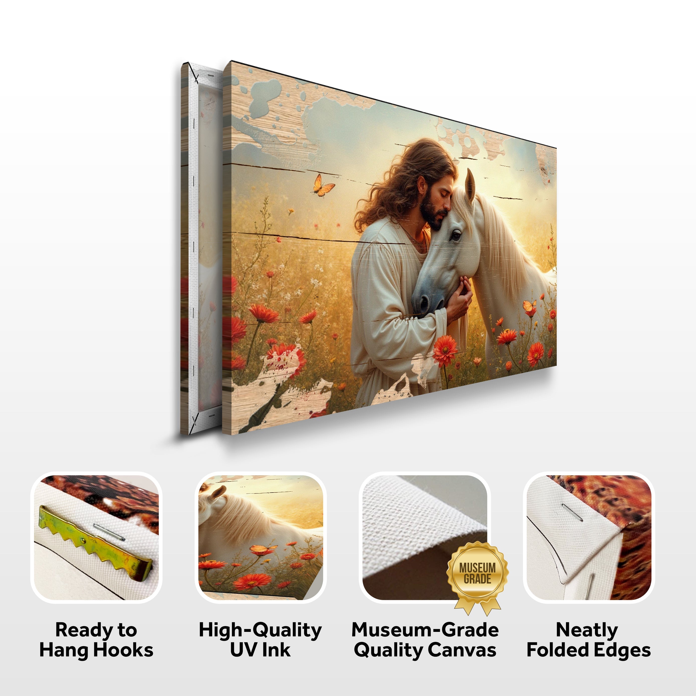 Landscape canvas wall art on wall with man holding white horse; installation icons