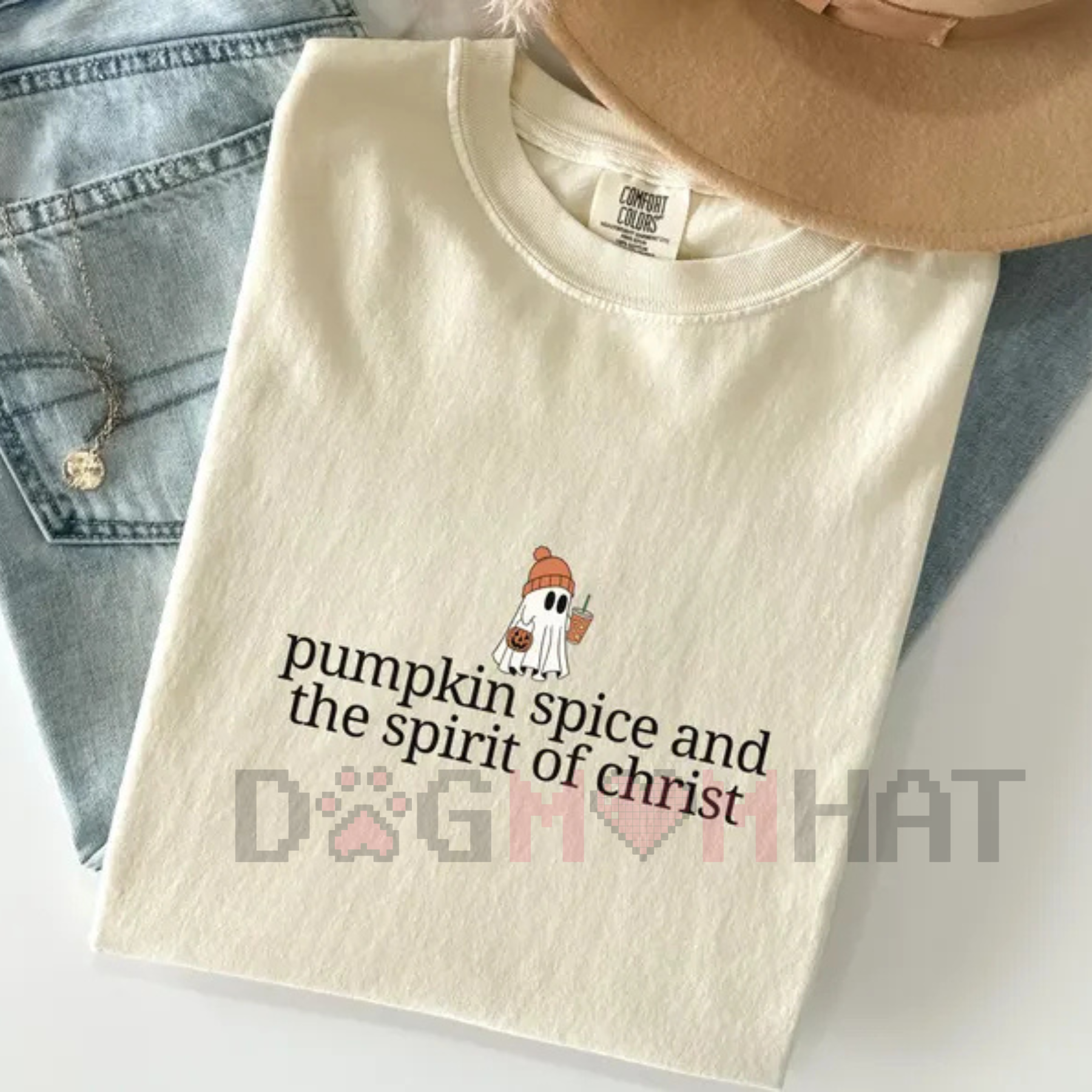Women's ivory Halloween T-shirt with pumpkin spice and spirit of Christ graphic