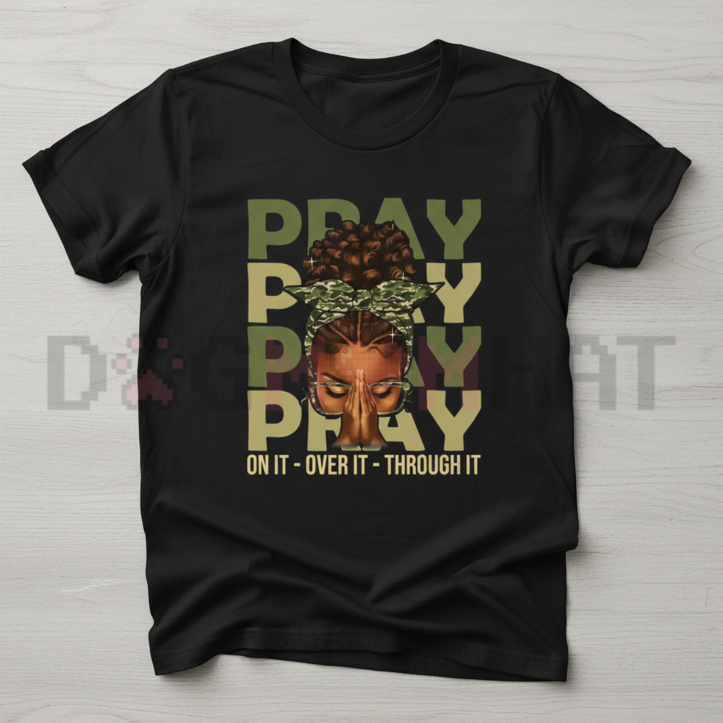 Black crewneck T-shirt with centered “PRAY” graphic and crown face illustration