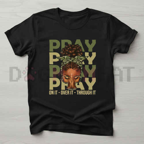 Black crewneck T-shirt with centered “PRAY” graphic and crown face illustration