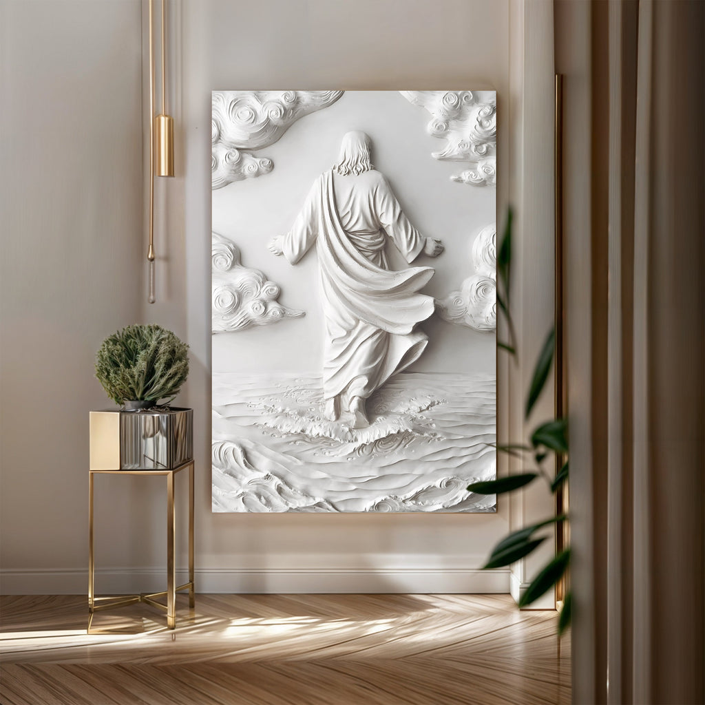 3D minimalist Jesus walking on water wall art, white relief canvas centered on wall